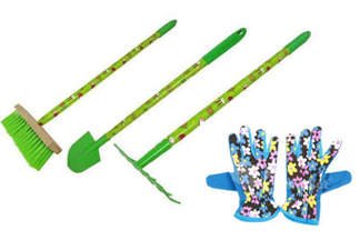 Zestaw 3 narzędzi ogrodowych dla dzieci z drewnianą rączką + Rękawice dla dzieci 